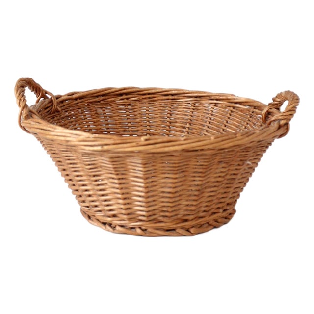 Vintage Wicker Gathering Basket With Handles For Sale