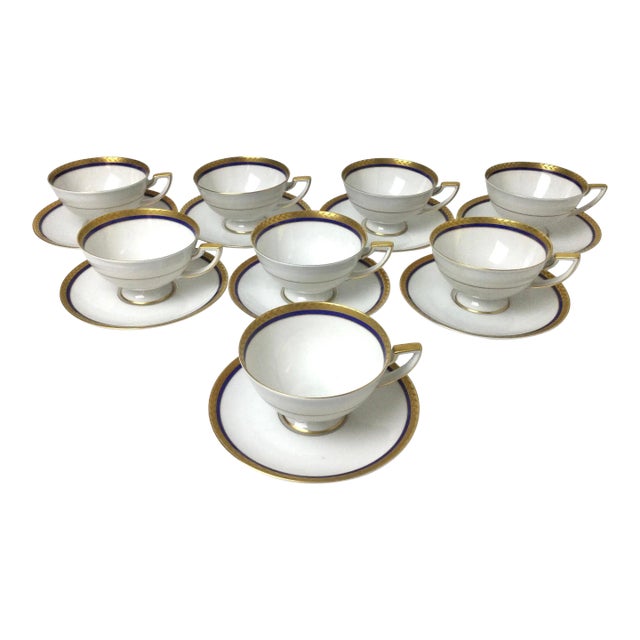 Mid 20th Century Royal Bayreuth China White with Cobalt & Gilt Border Cups & Saucers - Set of 8 For Sale