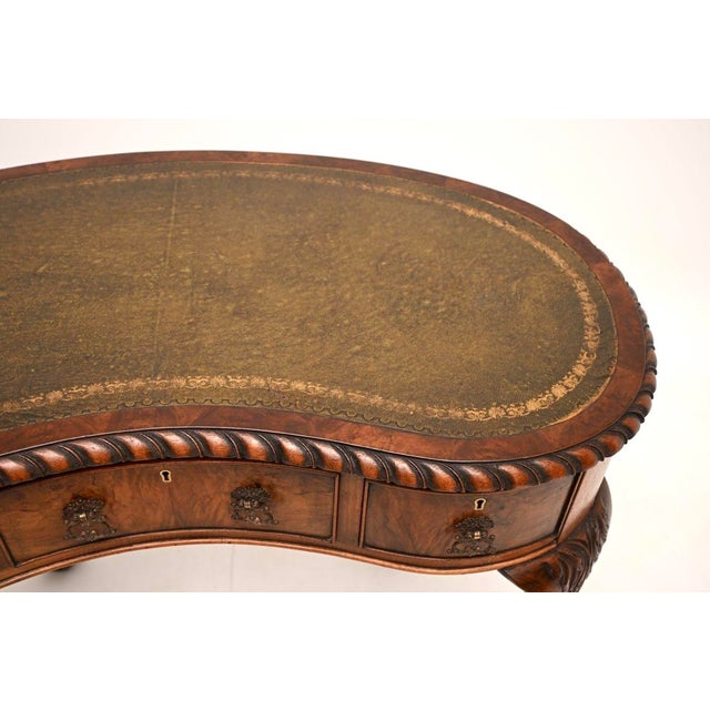 Antique Burr Walnut Leather Top Kidney Shaped Desk, 1900 For Sale - Image 6 of 11