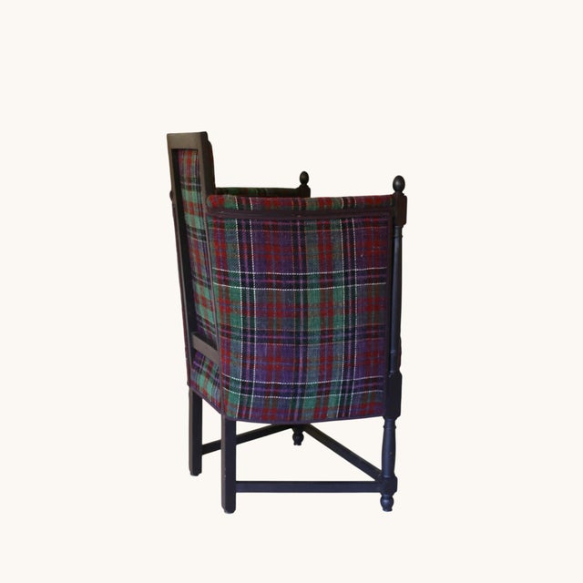Large Antique Armchair with High Armrests in Tartan Fabric, 1890s For Sale - Image 3 of 13