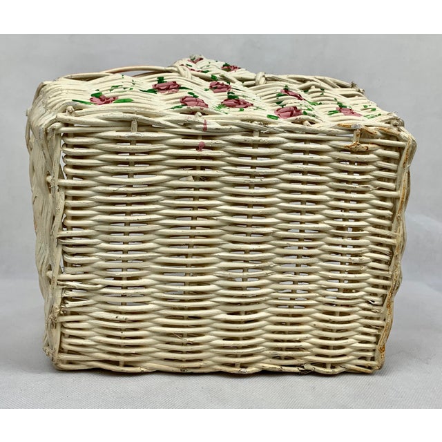 Wood Hand Woven Vintage White Wicker Handled Basket With Hand Painted Roses & Leaves For Sale - Image 7 of 8