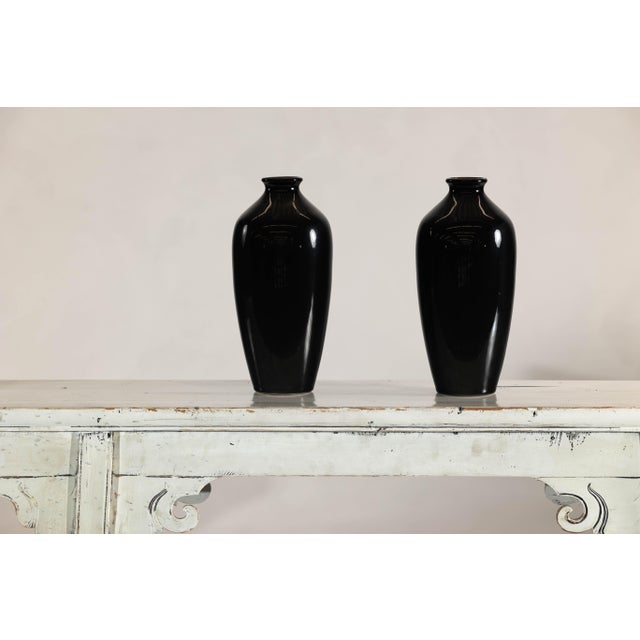 Pair of Vintage Black Porcelain Vases with Glossy Glaze and Narrow Necks For Sale - Image 12 of 12