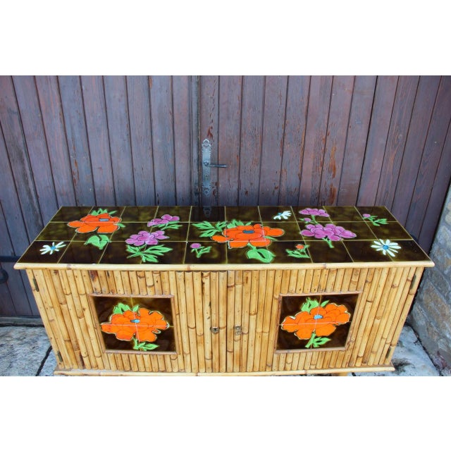 French Riviera Bamboo and Ceramic Sideboard, 1960s For Sale - Image 9 of 11