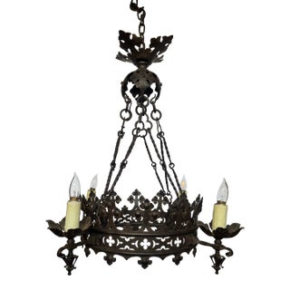 1920s Style Spanish Revival Reproduction Wagon Wheel Chandelier – Trefoil, Foil, Floral & Rustic Detailing For Sale