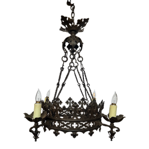 1920s Style Spanish Revival Reproduction Wagon Wheel Chandelier – Trefoil, Foil, Floral & Rustic Detailing