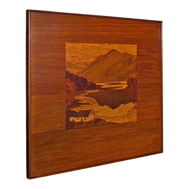 1900s Edwardian Antique Marquetry Landscape Panel, English, Decorative, Ben Lomond For Sale