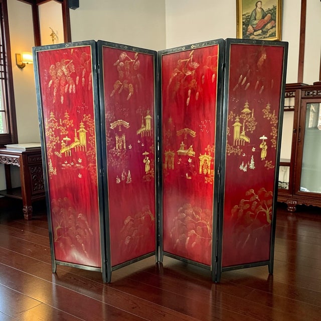 Mid Century Four-Panel Deep Red/Gold Chinoiserie Screen With Decorated Black Boarder For Sale - Image 10 of 18