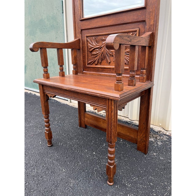 Antique Edwardian American Tiger Oak Mirrored Hall Tree Seat With Carved Motifs For Sale - Image 4 of 12