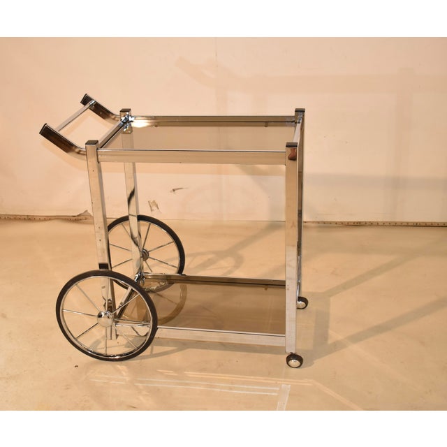 Metal Mid-Century Chrome and Smoked Glass Two Tier Rolling Bar Cart For Sale - Image 7 of 12