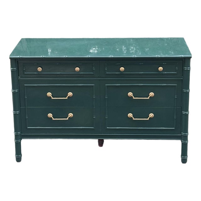 Thomasville Faux Bamboo Green High Gloss Three Drawer Dresser For Sale