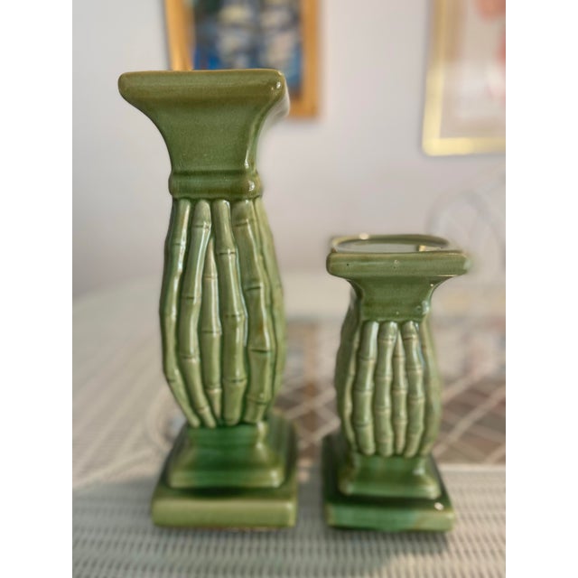 Vintage Faux Bamboo Green Candle Holders - A Pair For Sale - Image 4 of 7