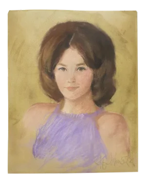 1960s Woman With Dark Hair and Purple Top Signed Pastel Portrait Drawing