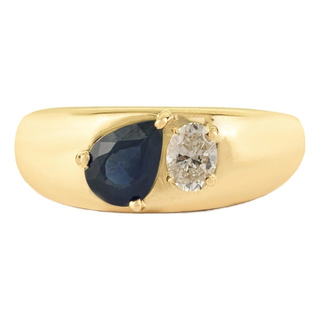 14k Yellow Gold Cigar Band Ring With Blue Sapphire & Diamond Size 5.5 For Sale