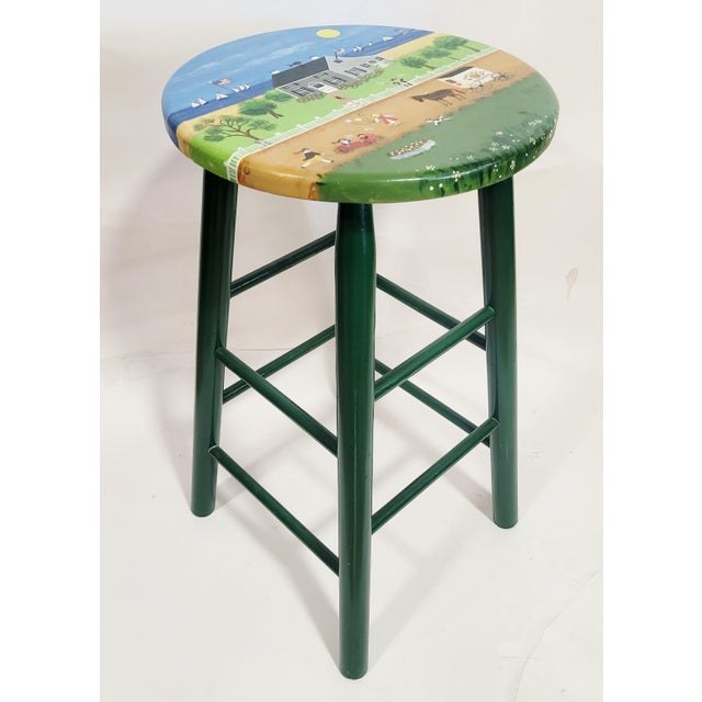 Modern Vintage Artist Painted & Polychromed Modern Whimsical Nantucket Bar Stool Chair For Sale - Image 3 of 12