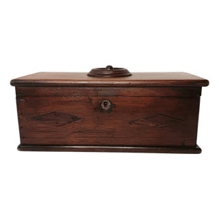 Antique Wood Box Dark Rustic Brown Diamond Design With Round Medallion For Sale