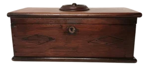 Antique Wood Box Dark Rustic Brown Diamond Design With Round Medallion