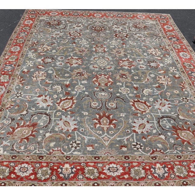Measures: 8'9"X12'2" Antique Persian Tabriz Rug with Floral and Vine Design in Muted Blue and Red Tones 8'9"x12'2" Keivan...