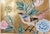 Elegant hand painted wallpaper sample featuring a refined bird and peony floral motif on a luxurious gold leaf background....