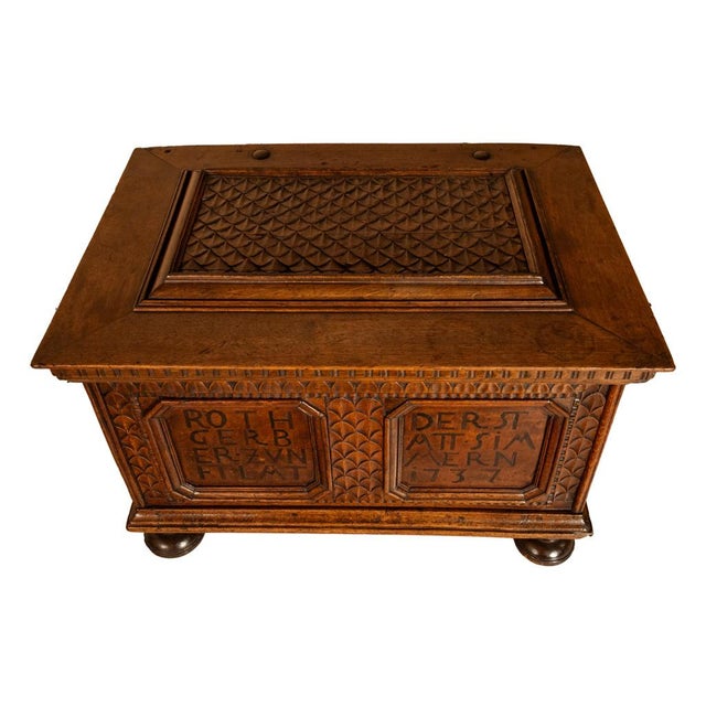Antique Carved Walnut & Iron Coffer Chest Strong Guild Box Simmern Germany 1737 For Sale - Image 14 of 18
