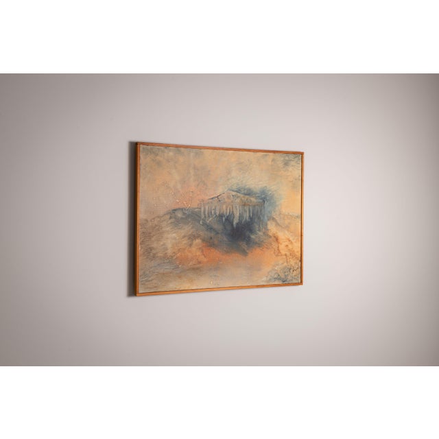 This abstract painting presents a dreamlike and ethereal representation of a classical ruin—possibly resembling the...