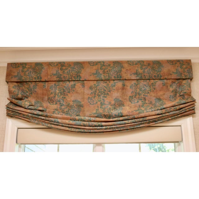 Copper Custom Silk Jacquard Roman Shades & Upholstered Cornices (Pair), Attributed to Old World Weavers / Scalamandré, 63" W × 80" H For Sale - Image 8 of 9