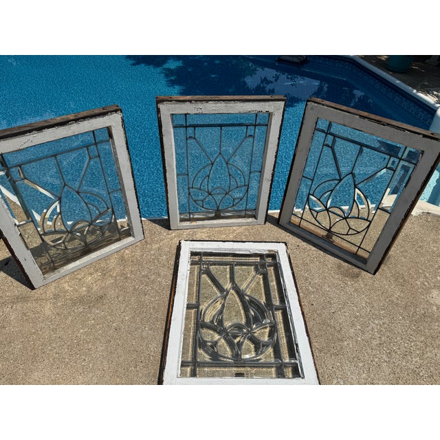 5-Piece Art Deco Beveled Leaded Glass Window Set Matching Transom & 4 Sidelights For Sale - Image 11 of 18