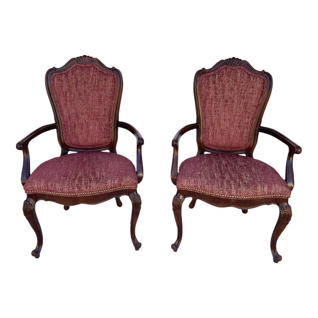 1990s Set of 2 Century Furniture French Provincial Mahogany Captains Chairs For Sale