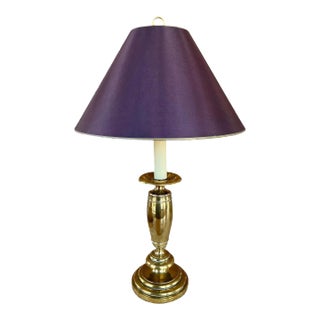 1980s Brass Turned Form Table Lamp With Custom Fabric Shade For Sale
