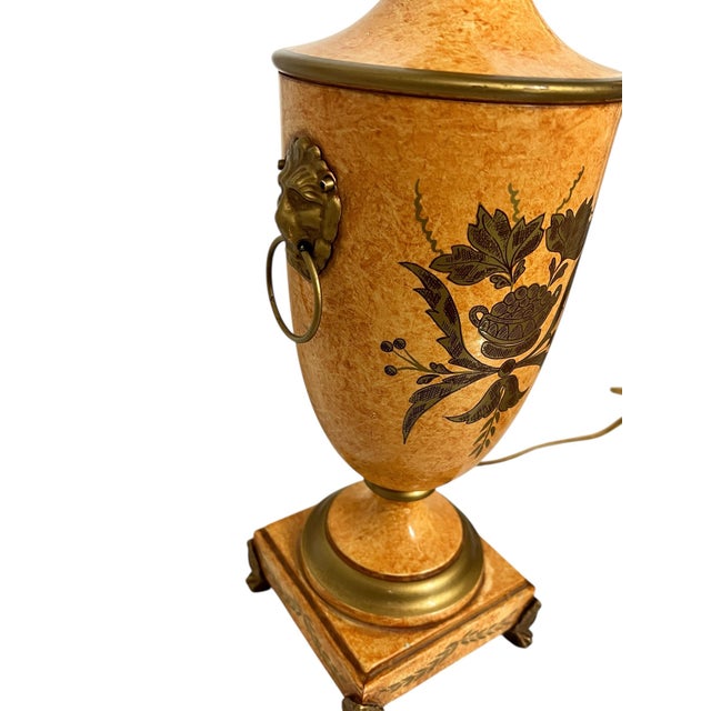 Metal Vintage Made in Italy Urn Style Lamp, Footed Base Lions Head Knockers, Linen Shade For Sale - Image 7 of 10