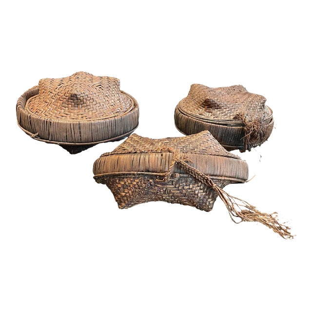 Vintage African Woven Kuba Baskets- a Set of 3 For Sale