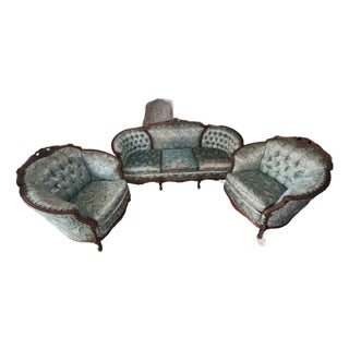 Vintage Deutsch Bros. Custom Built Louis XV Style Carved Sofa and Matching Barrel Chair Set – 3 Pieces For Sale