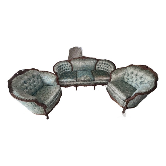 Vintage Deutsch Bros. Custom Built Louis XV Style Carved Sofa and Matching Barrel Chair Set – 3 Pieces For Sale