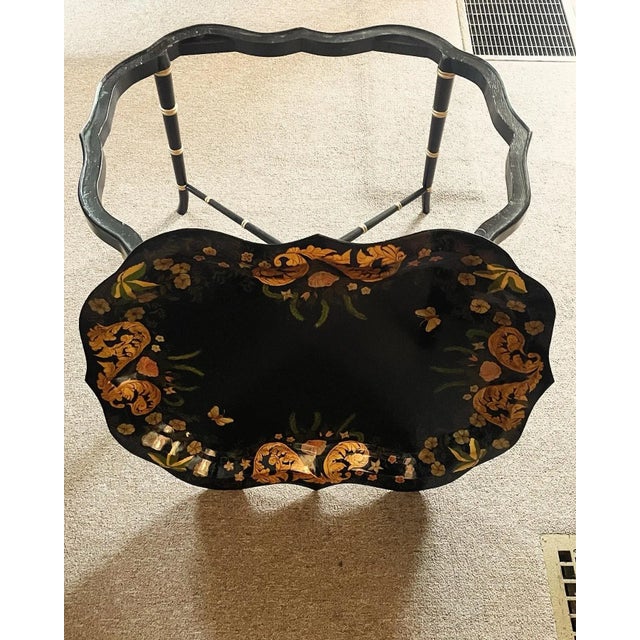 English Antique Painted Tole Tray on Faux Bamboo Stand For Sale - Image 3 of 8