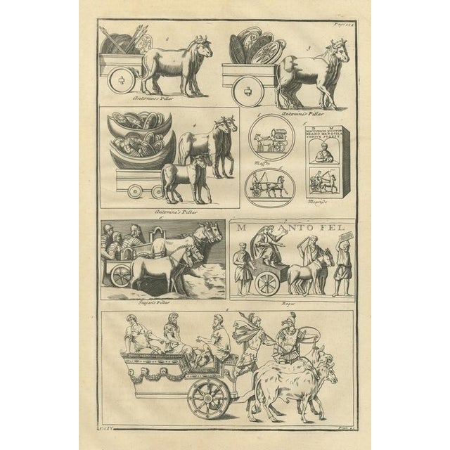 Beige Montfaucon, Roman Carts, Carriages and a Ceremonial Car from Reliefs, 1722, Engraving For Sale - Image 8 of 8
