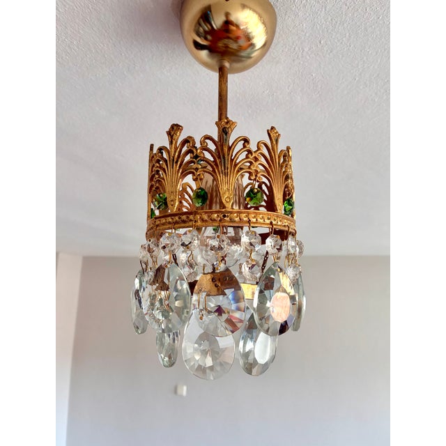 Vintage Small Brass & Emerald Green Crystal Crown Flush Mount – 1 Light For Sale - Image 18 of 18