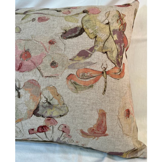 Cream Large Bolster Pillow Decorated With a Delicate Water Color Look Floral Pattern of Soft Pinks, Greens & Oranges - Made in the U K For Sale - Image 8 of 12