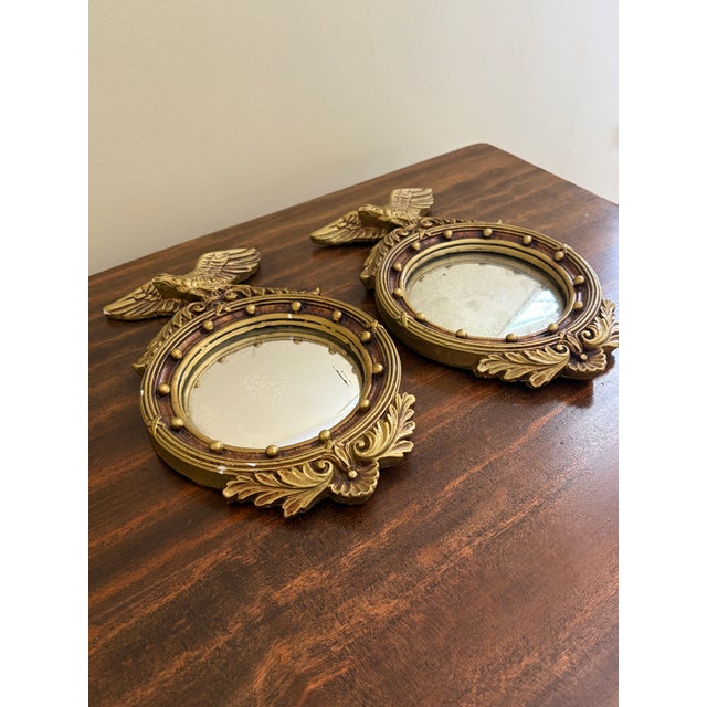 Vintage American Federal Gold Brass Eagle Bullseye Convex Mirrors, Pair For Sale - Image 4 of 9