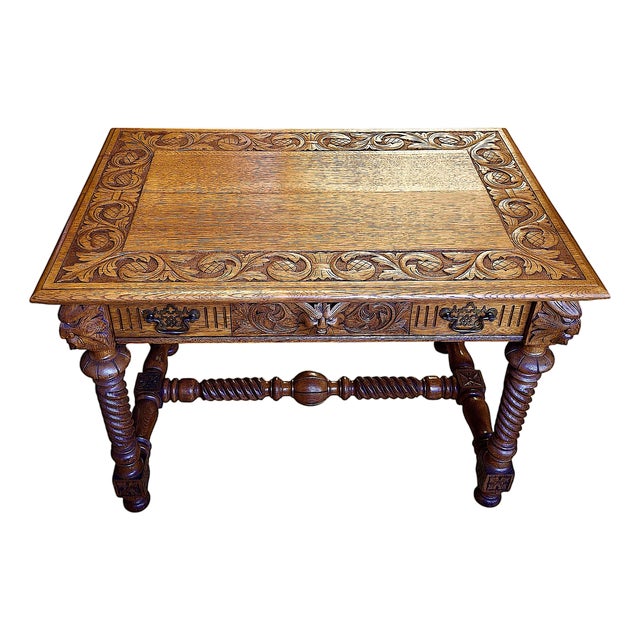 Renaissance Revival-Style Oak Library Table With Drawer For Sale
