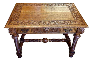 Renaissance Revival-Style Oak Library Table With Drawer