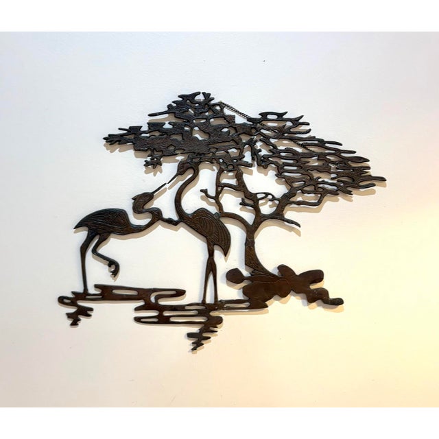 1960s-70s brutalist brass crane/tree wall sculpture. Some patina to metal throughout as shown. Otherwise excellent...