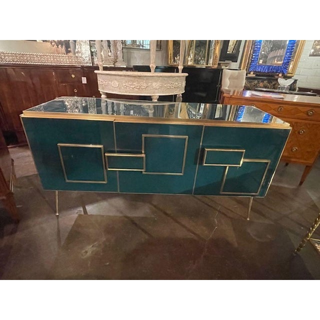 Early 21st Century Modern Murano Glass and Brass Cabinet in Peacock Plume Green For Sale - Image 5 of 6