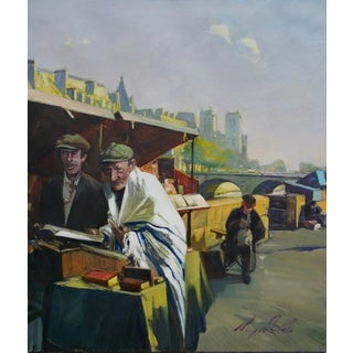 Urban Antique Oil Painting: Paris Book Market, Ukrainian Artist 110-95 For Sale