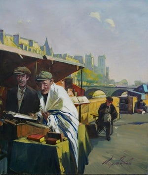 Urban Antique Oil Painting: Paris Book Market, Ukrainian Artist 110-95