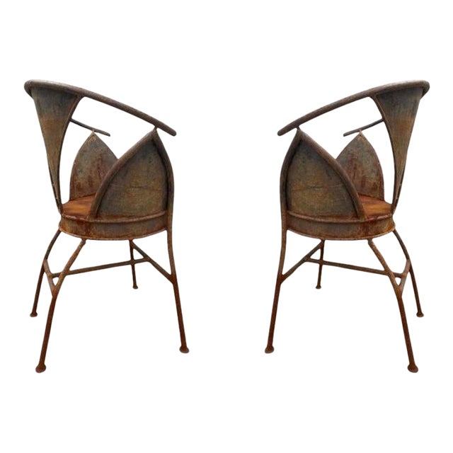 Pair Sculptural French Bistro Chair in Welded Steel, Brutalist Style For Sale