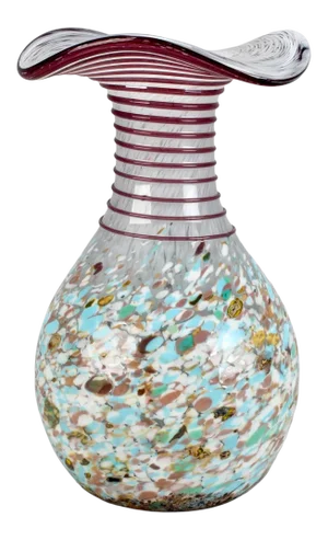 Mid Century Splattered Art Glass Vase With Ruffled Rim