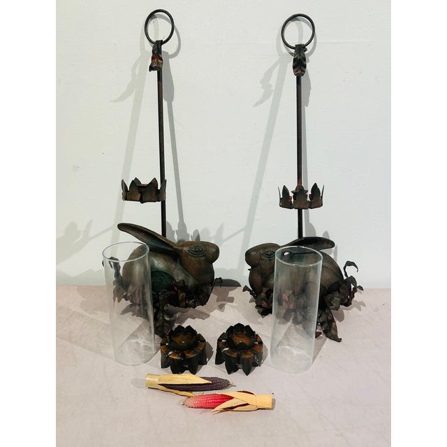 1960s Pair of Vintage Cast Iron Rabbit Candlestick Sconces Large 25" Long For Sale - Image 5 of 14