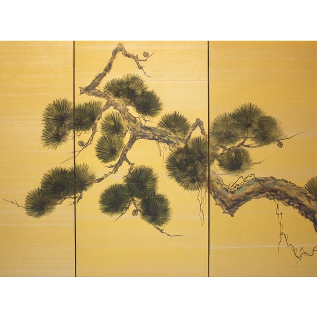1960s "Old Pine Tree", Pre-1964 Showa Era Japanese Painted Silk Byobu Screen For Sale - Image 5 of 17
