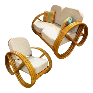 Restored Child Size 3-Strand Round Full Pretzel Rattan Sofa & Lounge Chair