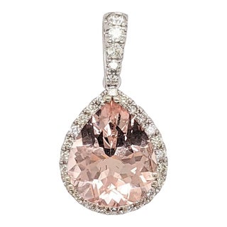 Peach Morganite Pendant With Diamond Accents: Solid 14k Gold, Pear Shape 11x9mm For Sale