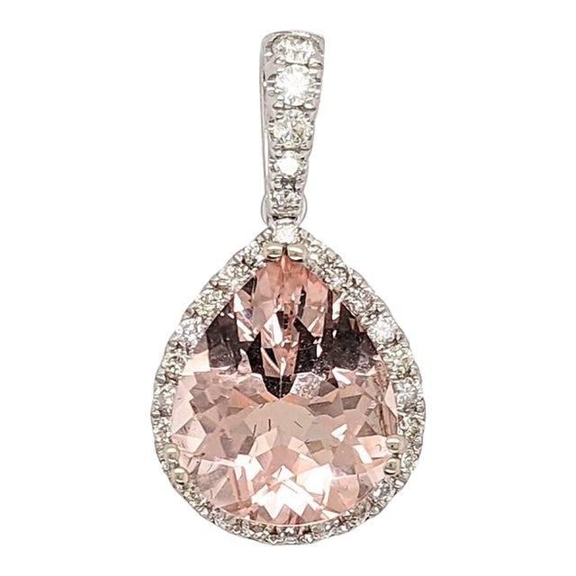 Peach Morganite Pendant With Diamond Accents: Solid 14k Gold, Pear Shape 11x9mm For Sale
